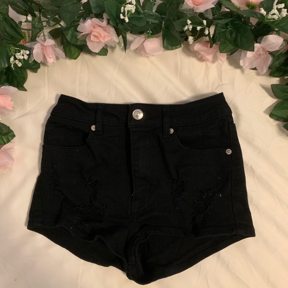 high-waisted ripped black denim shorts | 2